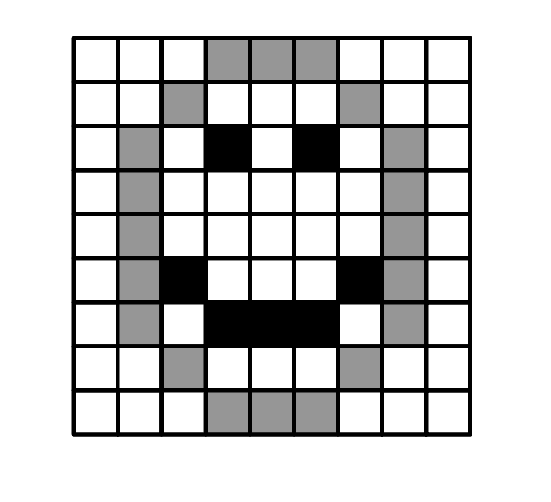 A 9x9 pixel smiley face in white, gray and black